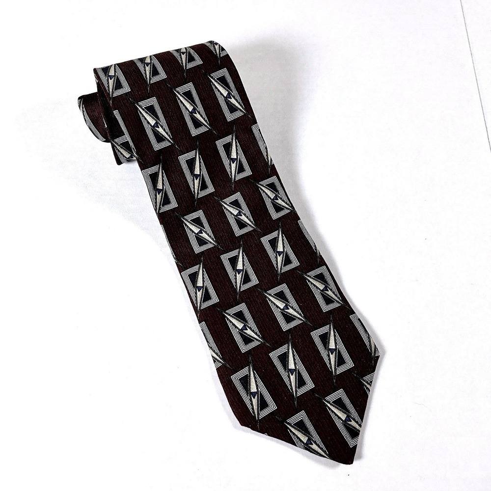 Brandini Tie Mens Navy Burgundy Bronze Geometric Silk Le Collezioni Made in USA